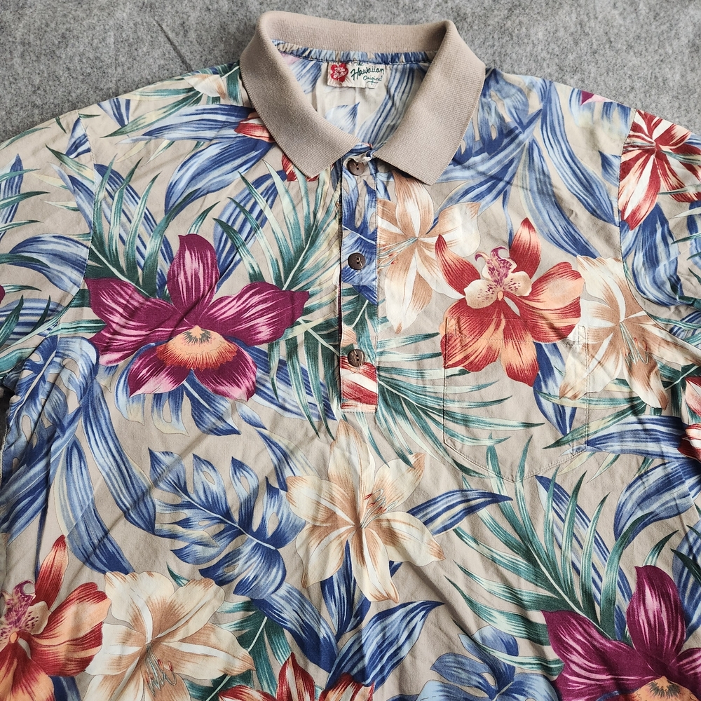 Hilo Hattie Hawaiian Polo Shirt Men 2XL Multicolor Hibiscus Floral Tropical Golf